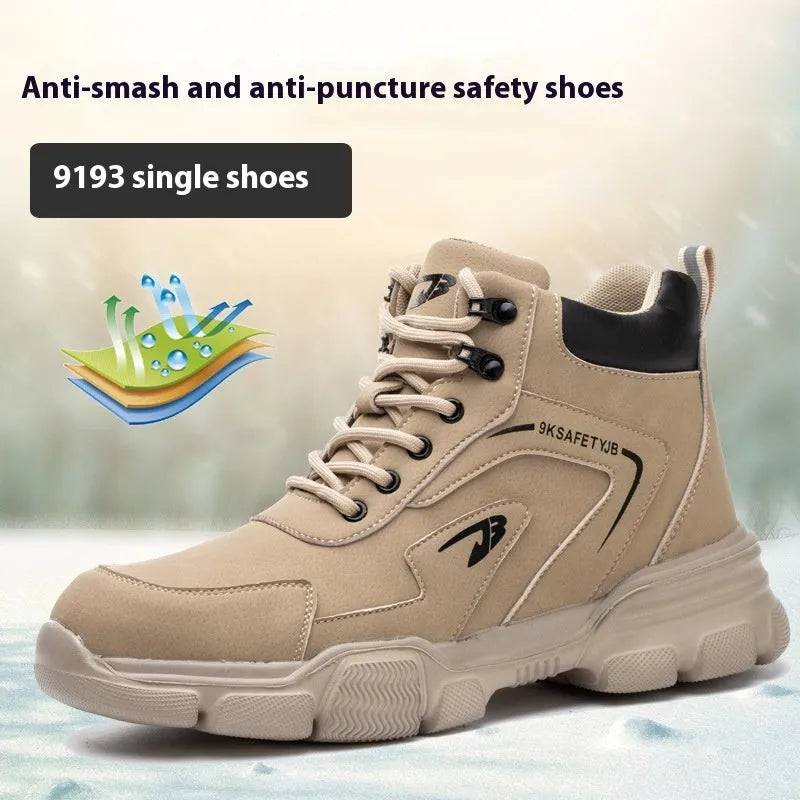 Brown leather safety shoes with rubber sole for workplace anti-smashing and puncture protection