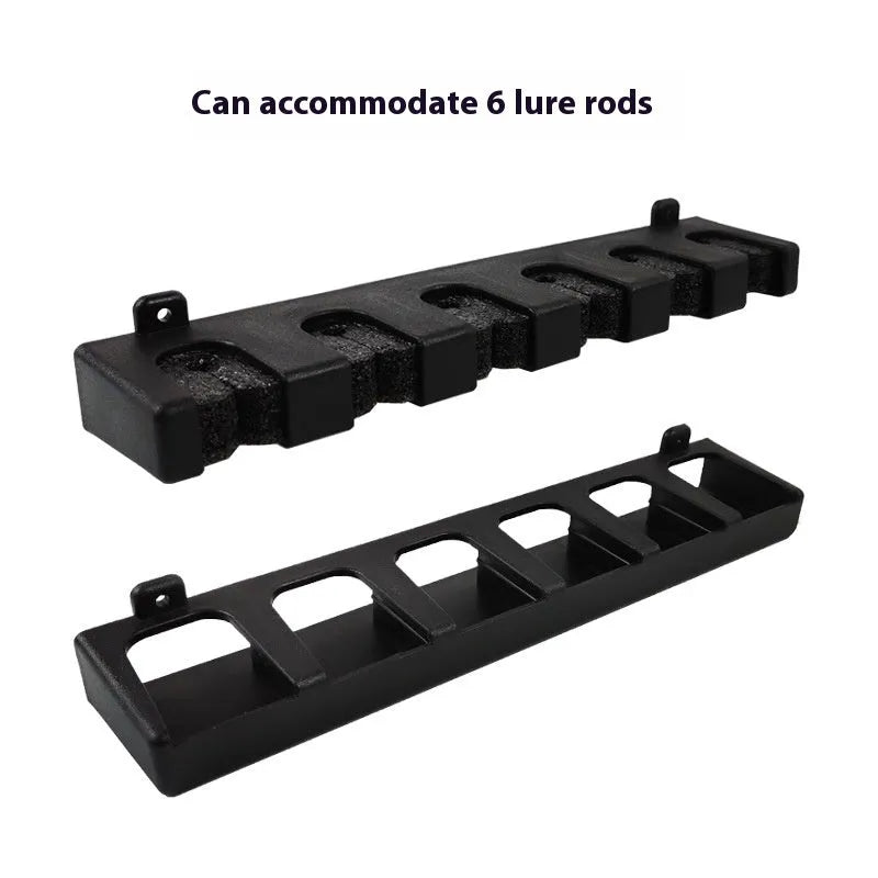 Black ABS plastic wall-mounted fishing rod storage rack with upright and horizontal mounting options