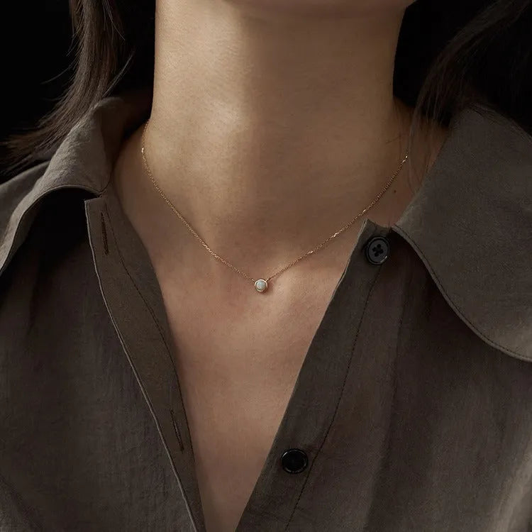 Geometric oval pendant necklace with jelly opal stone in silver setting with gold or white gold finish