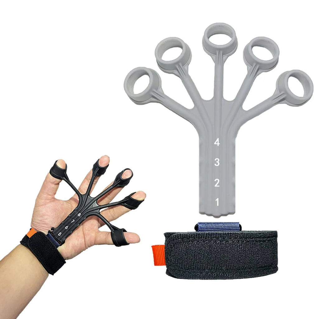 Black and grey silicone finger trainer with adjusting belt for rehabilitation and abdominal exercises.