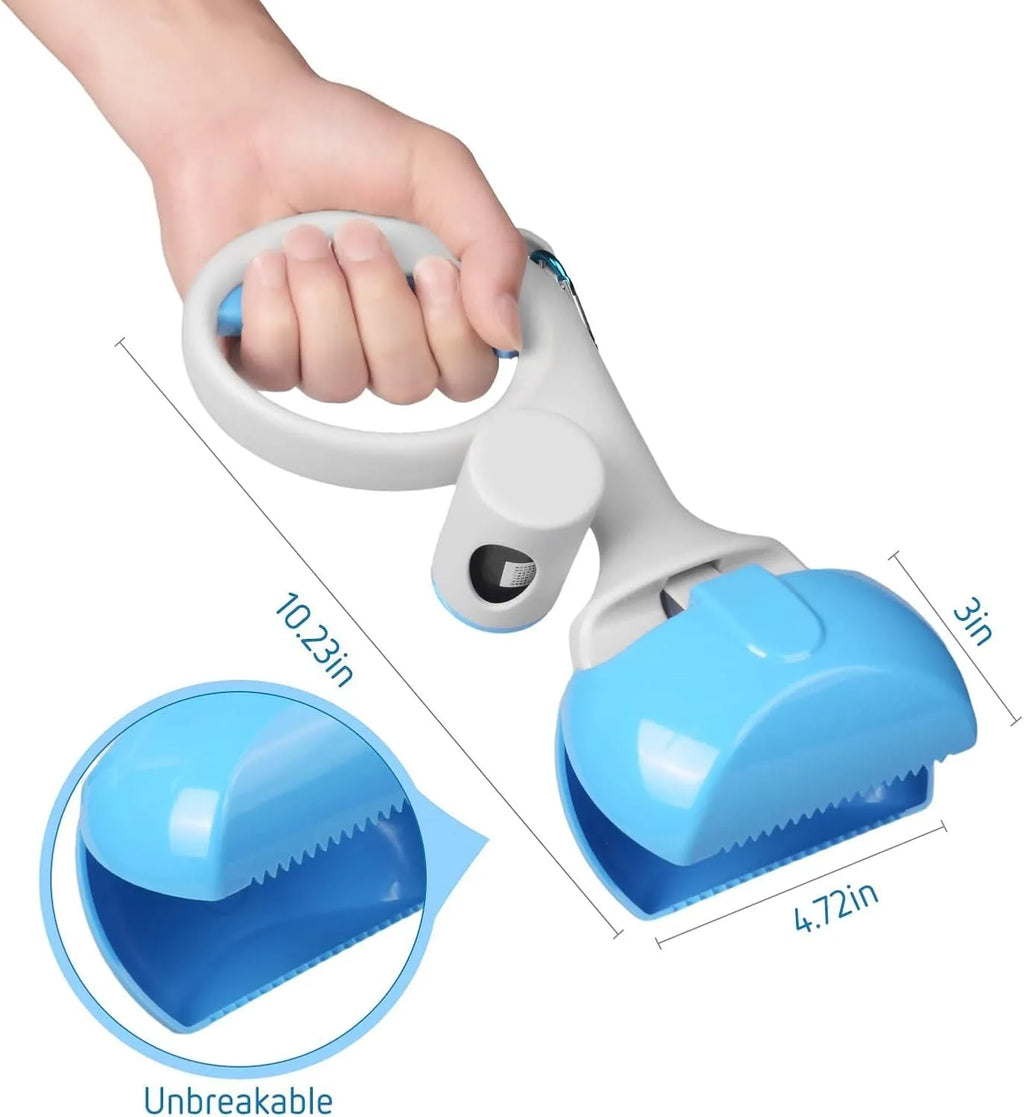 Blue ABS plastic pet pooper scooper with integrated trash bag holder and top carry hook.