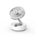 Green and white telescopic rechargeable floor fan with remote control, shown in both desktop and extended height modes.