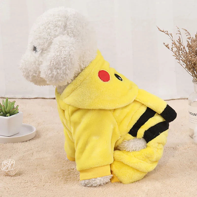A cat or small dog wearing a soft fleece hoodie coat in a cartoon cosplay style.