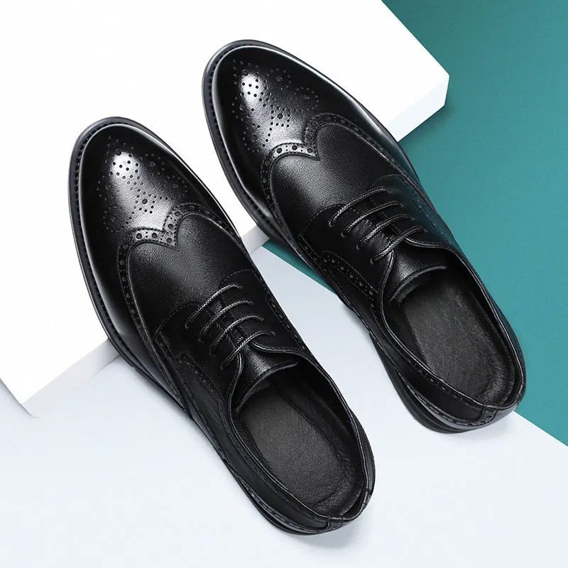 Men's black and brown brogue leather shoes for business wear with traditional detailing