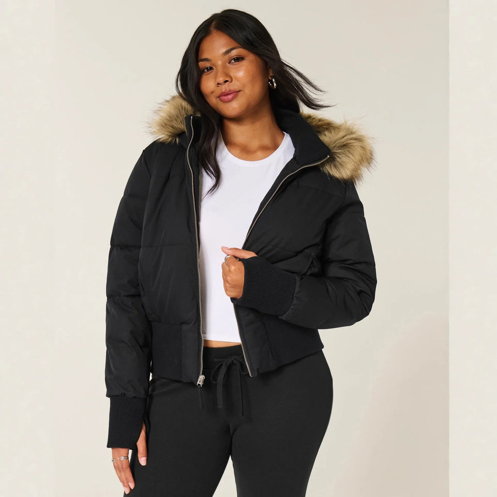 Casual style thermal cotton-padded coat with fur collar, zipped front, loose fit, available in black, brown, pink, white