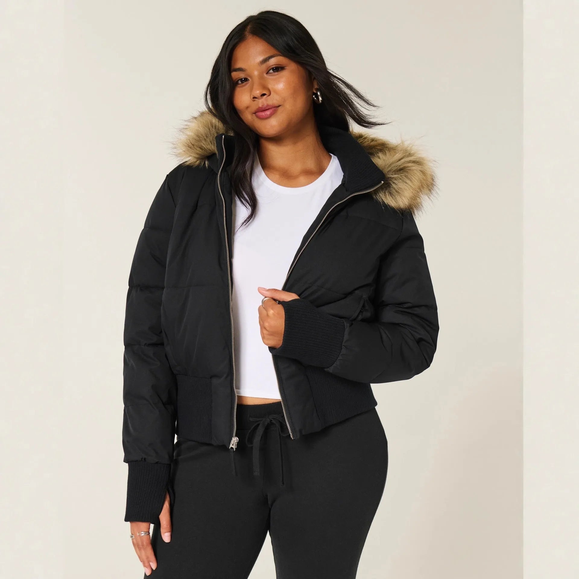 Casual style thermal cotton-padded coat with fur collar, zipped front, loose fit, available in black, brown, pink, white