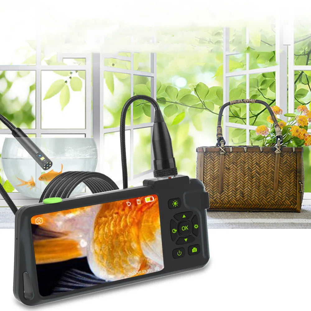 Handheld industrial endoscope with 4.5-inch screen showing automotive inspection on 5.5mm probe