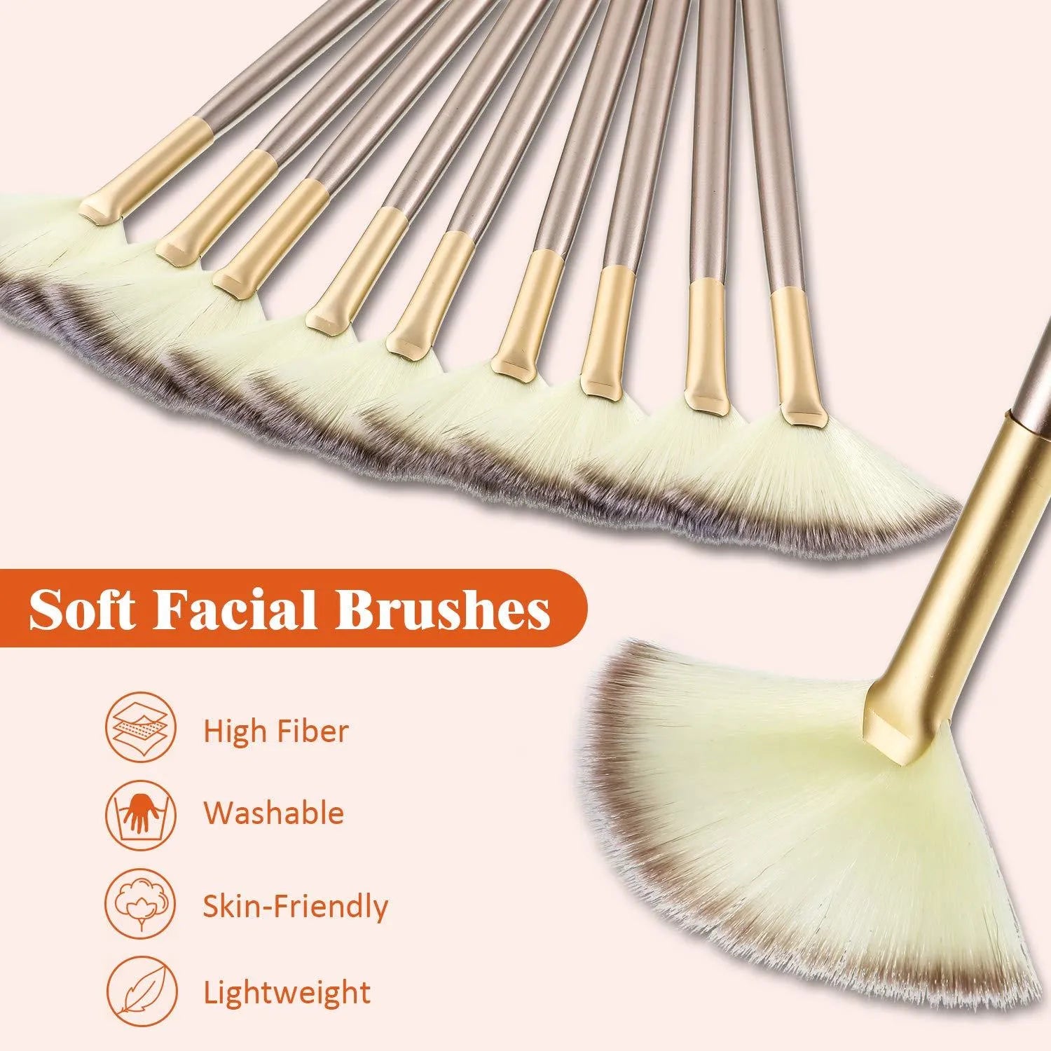 Set of 10 champagne-coloured wooden handle fan brushes with soft fibres and protective covers.