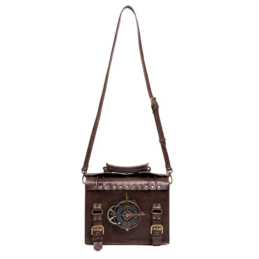 Bronze steampunk pillow shoulder bag with metal hardware on a structured square PU body.