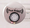 Silver grey intelligent ultrasonic mosquito repellent measuring 10cm, plugged into a white wall socket for indoor pest control