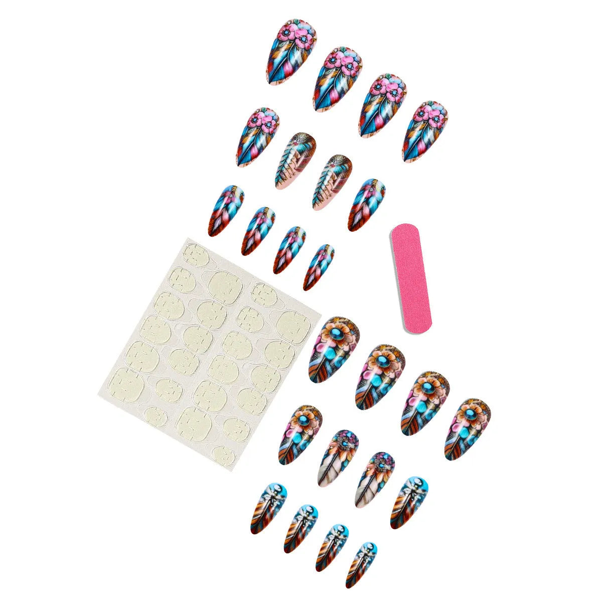 Retro style nail art kit showing colourful feather armour, cartoon, flower, love, and butterfly patterns on a jelly glue burnishing stick.