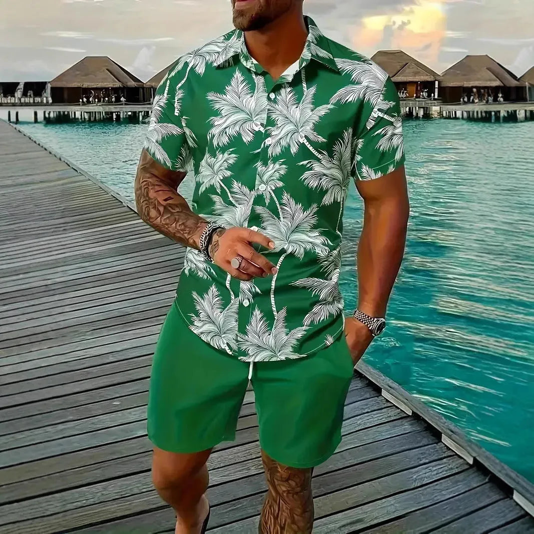 Man modelling a 3D printed Hawaii pattern short sleeve top and matching shorts leisure suit.