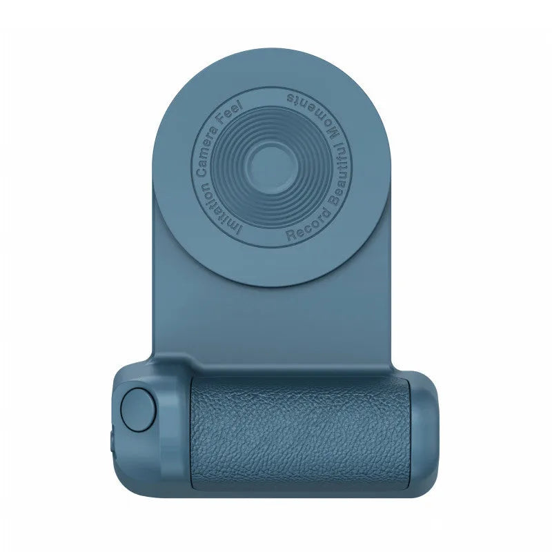 Black magnetic phone camera bracket with ergonomic PU leather handle on table