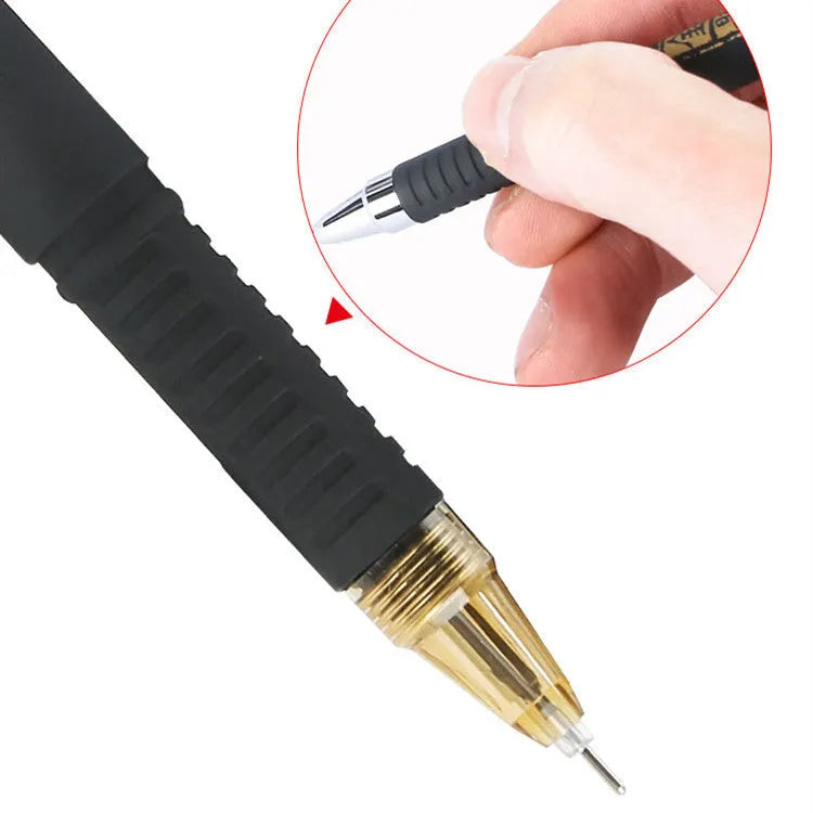 Carbon black gel pen set showing plastic construction with anti-fatigue grip and cap closure