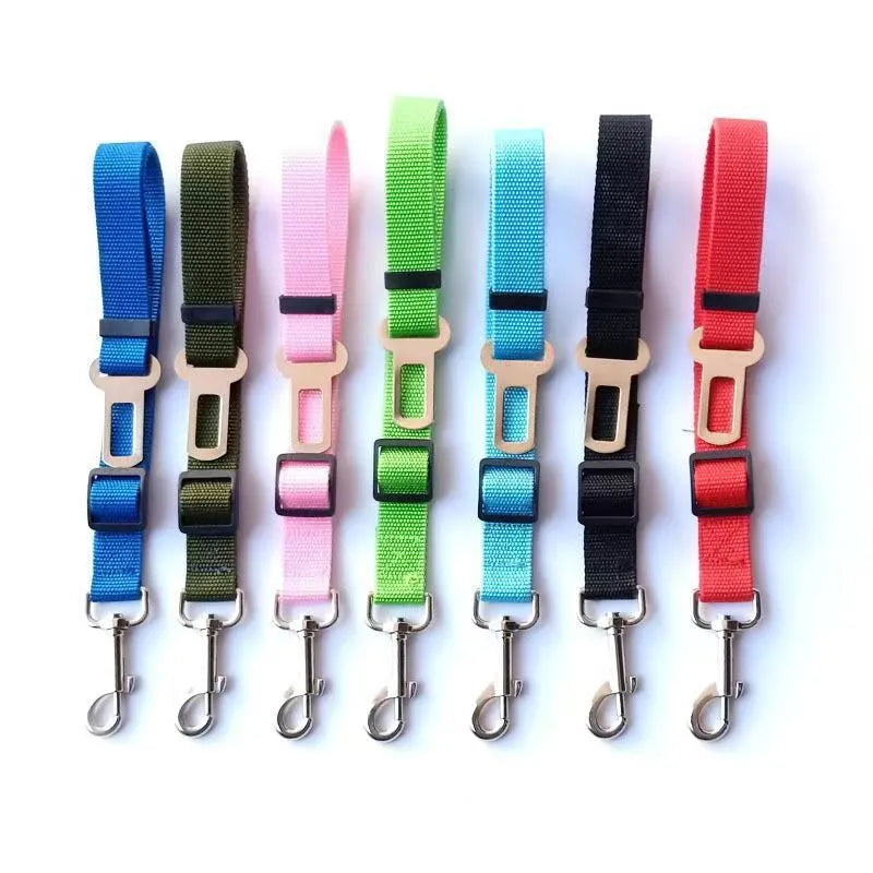 Black dog car seat belt with metal clip and adjustable polyester webbing on car seat