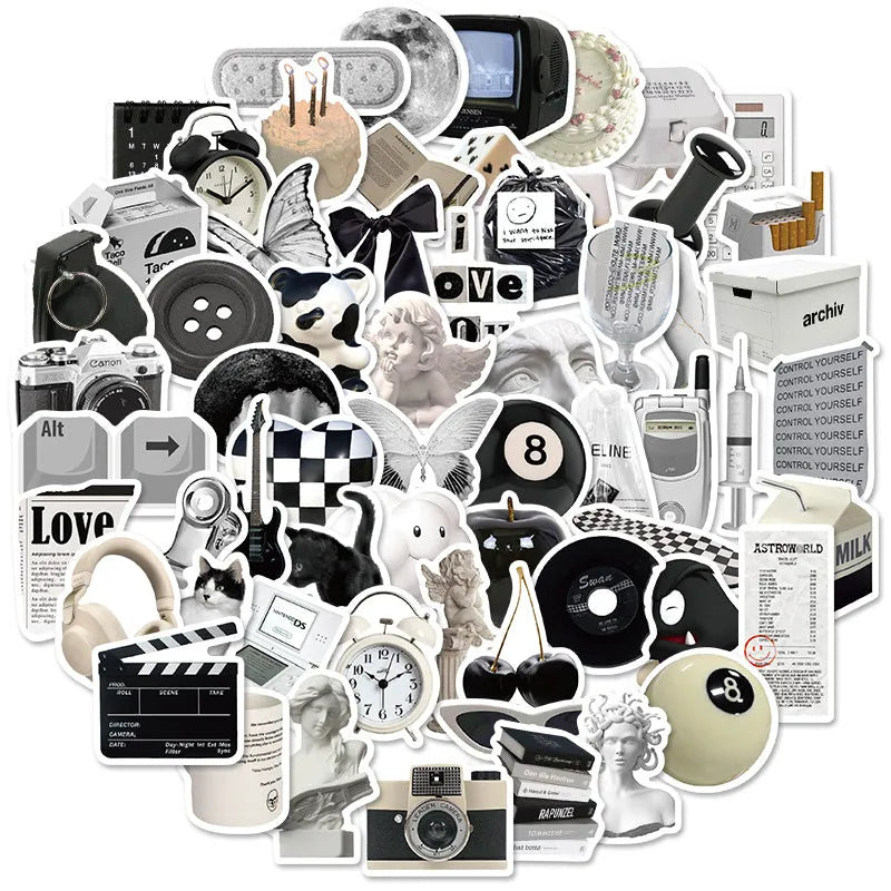 61 black and white waterproof PVC stickers for laptops, phones and luggage