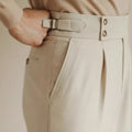 Slim fit straight cut formal suit trousers in apricot, black, and white colours.