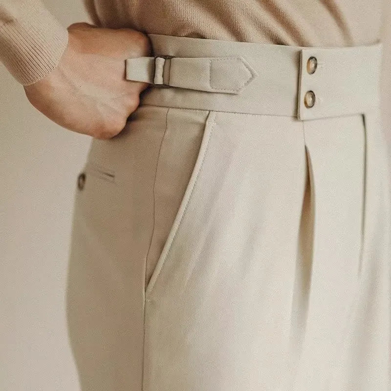 Slim fit straight cut formal suit trousers in apricot, black, and white colours.