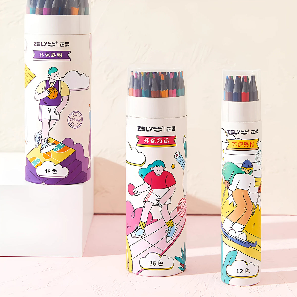 Zhenglin Sports colouring pencils in sets of 12, 24, and 36 colours with paper barrels.
