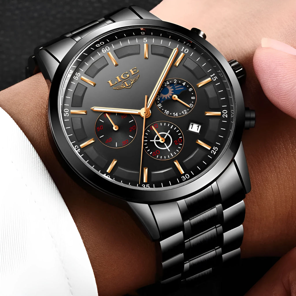 Men's waterproof quartz sports watch with 12mm thickness in black and rose red gold colour option