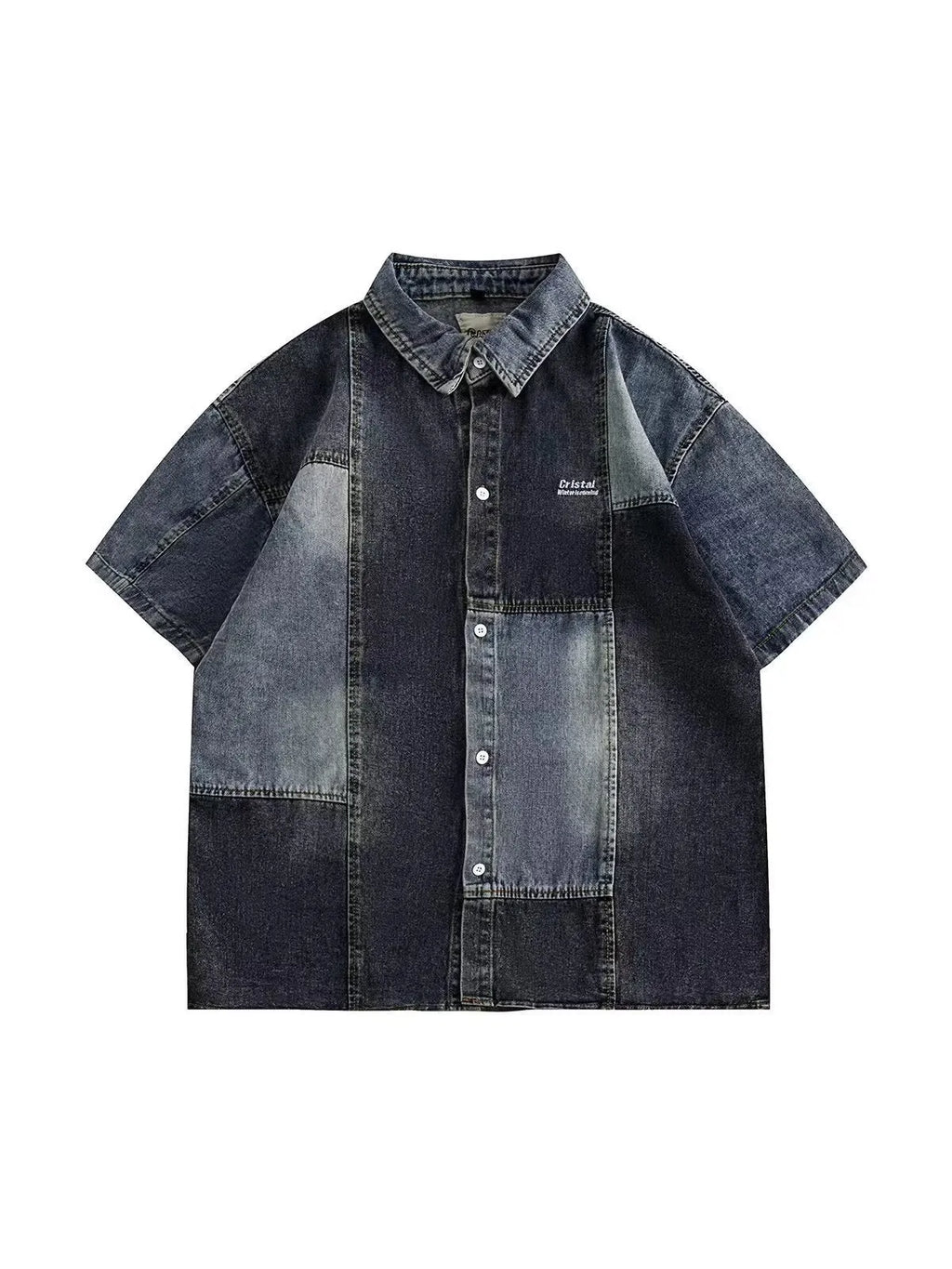 Blue Japanese-style retro washed denim shirt for men in a loose cardigan fit.