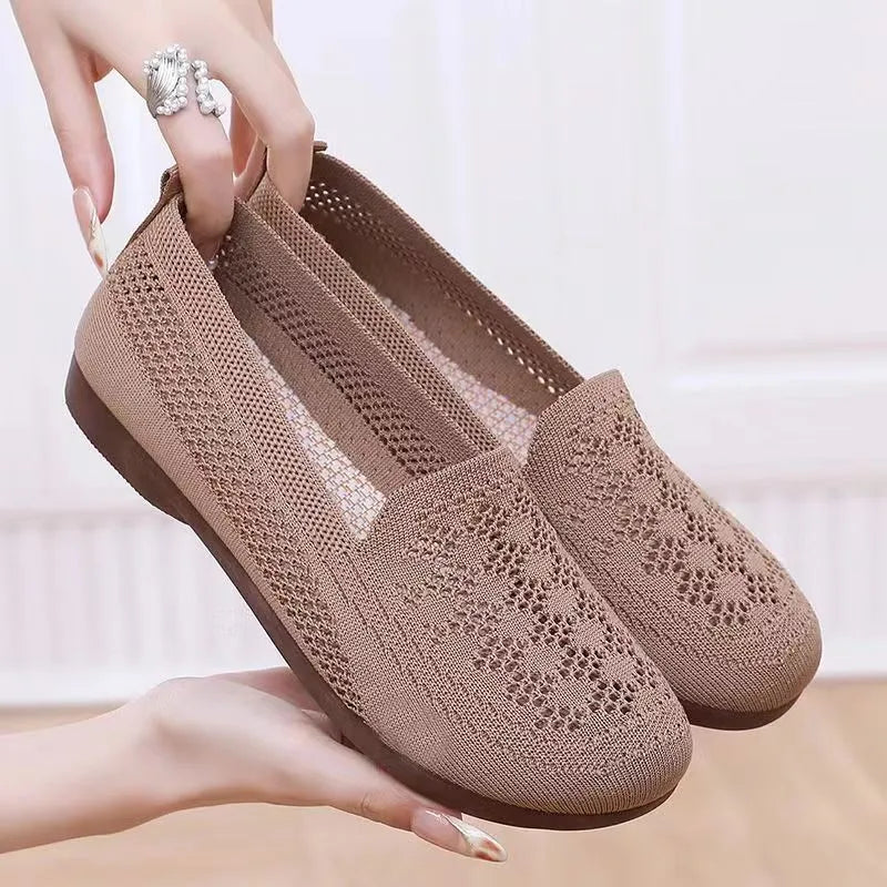 Beige casual tennis shoes for elderly women with mesh upper, antiskid sole, and Flyknit lining for wide feet summer wear