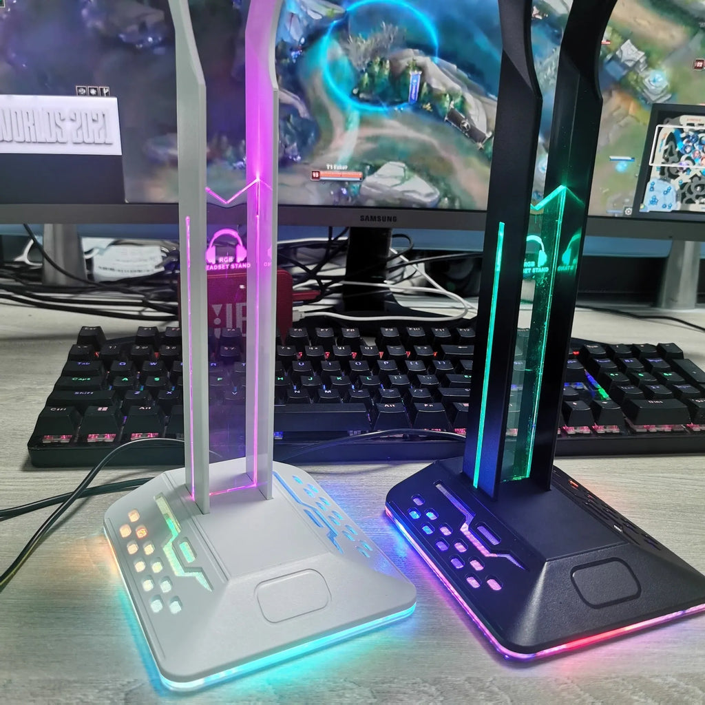 RGB headphone display stand with dual USB ports and acrylic panel in black colour variant