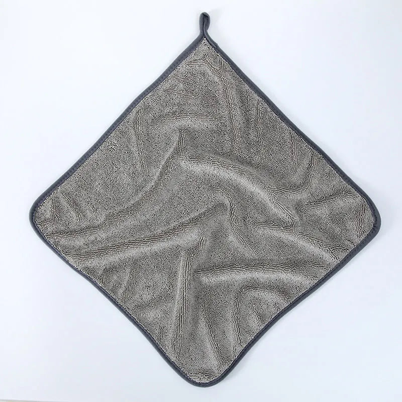 Grey car cleaning microfibre towel with a twisted braid edge, shown in various sizes for washing glass.