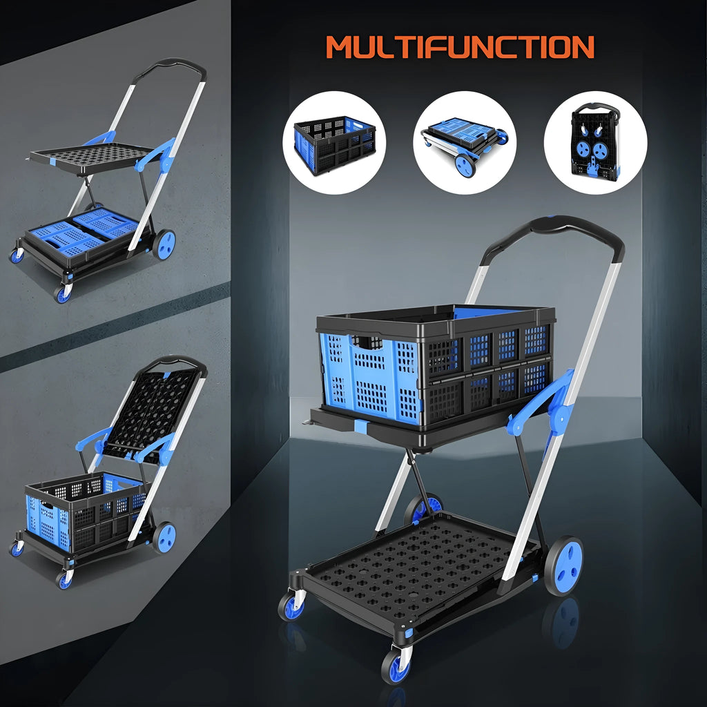Foldable plastic shopping cart with twin baskets in blue, purple, pink, and red colour options