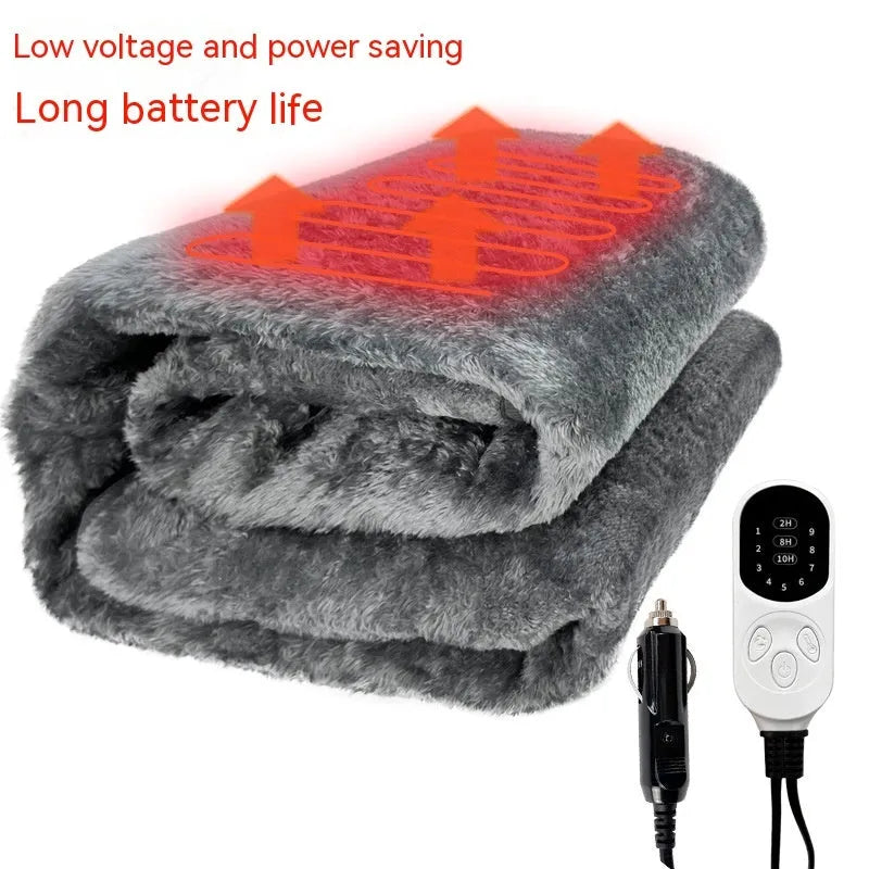 Grey 12V car electric blanket with cigarette lighter plug and temperature control.