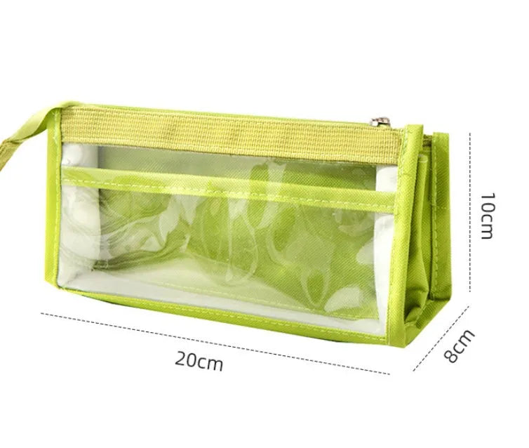 Large capacity six-layer transparent canvas pen bag in matcha green with zipped compartments