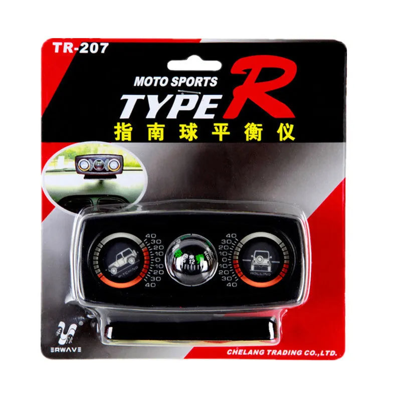Black car inclination meter with ball balancer and self-adhesive base on dashboard