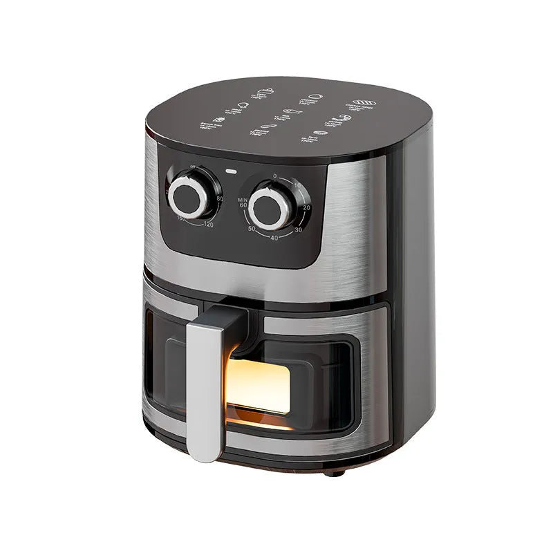 Stainless steel smart visual air fryer with 8-litre capacity and UK plug on countertop