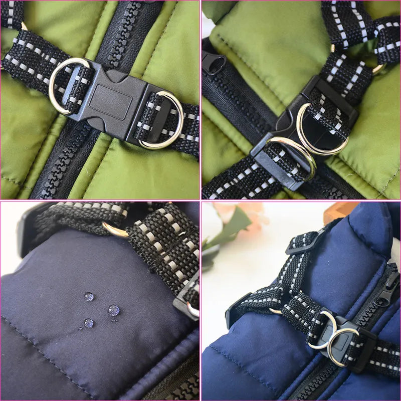 Waterproof dog coat with integrated harness in red, navy blue or army green rain silk fabric