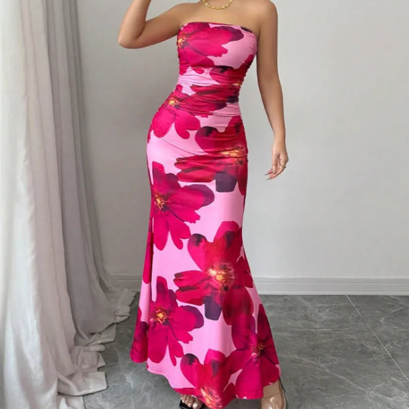 Sleeveless pink flowers print long hip skirt dress with high waist and slim fit, sizes S to XL