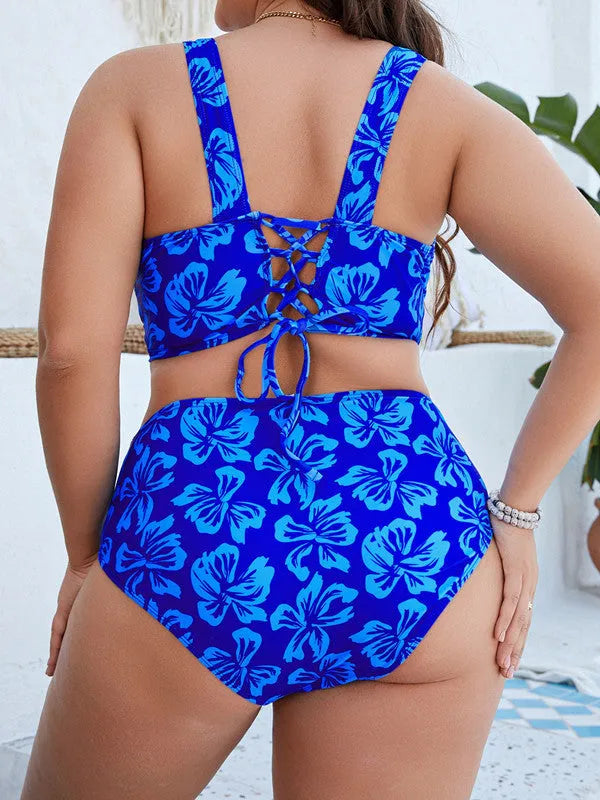 Blue floral split bikini for women in extended sizes 0XL to 4XL