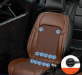 Black ventilated car seat cushion with multiple cooling fans, connected to a 12V car plug.