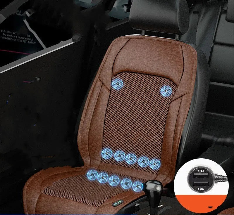 Black ventilated car seat cushion with multiple cooling fans, connected to a 12V car plug.