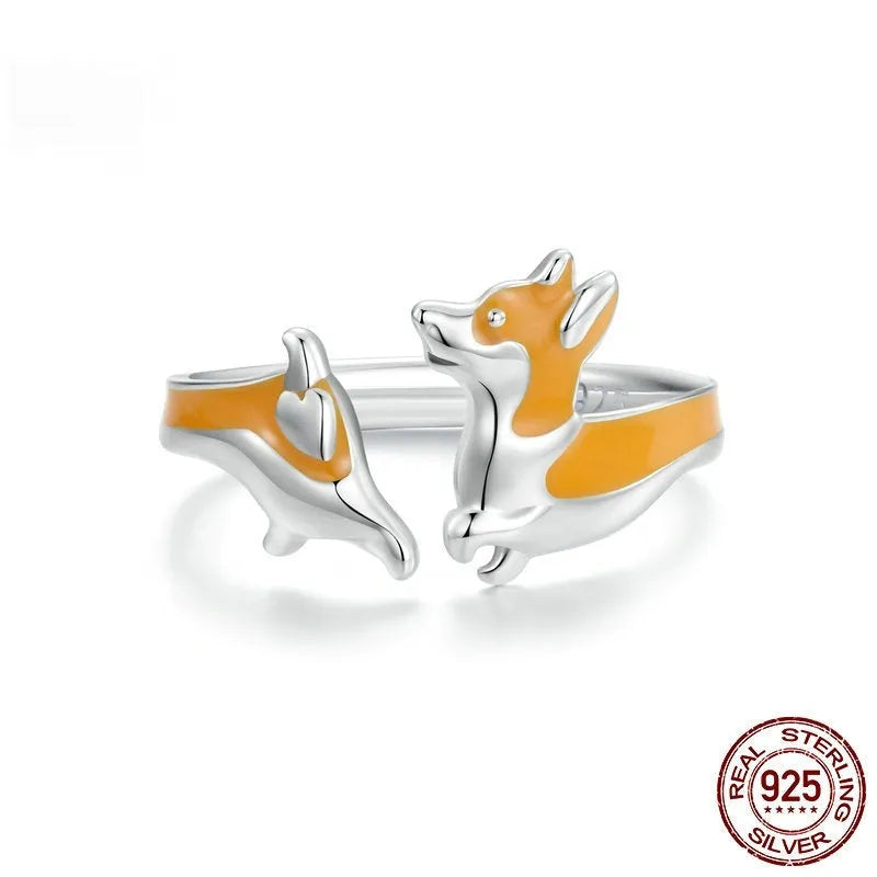 Women's silver electroplated ring with cartoon corgi pet design in SCR1014-E colour