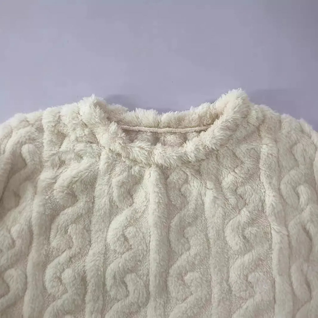 Women's milky white plush two-piece lounge set with crew neck top and long trousers