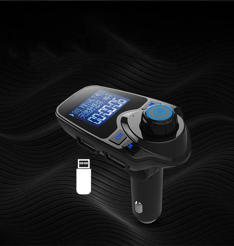 Black G7 car Bluetooth FM transmitter with USB port and TF card slot for hands-free calling and music playback