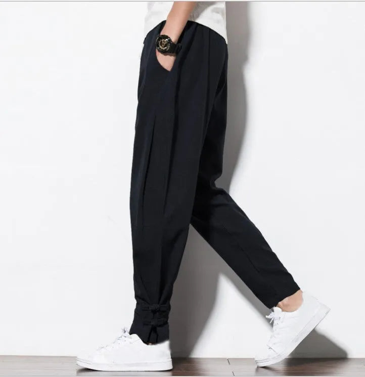 Men's linen harem pants in blue, loose vintage joggers with drawstring waist, sizes M to 5XL