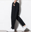 Men's linen harem pants in blue, loose vintage joggers with drawstring waist, sizes M to 5XL