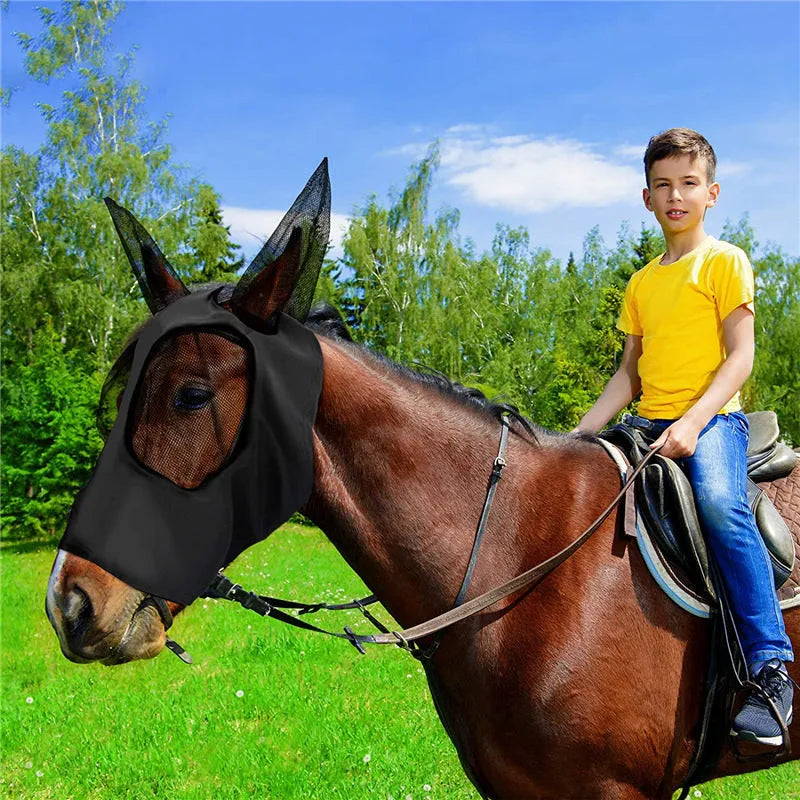 Lycra horse fly mask with ears in check pattern available in multiple colours for UV sun protection