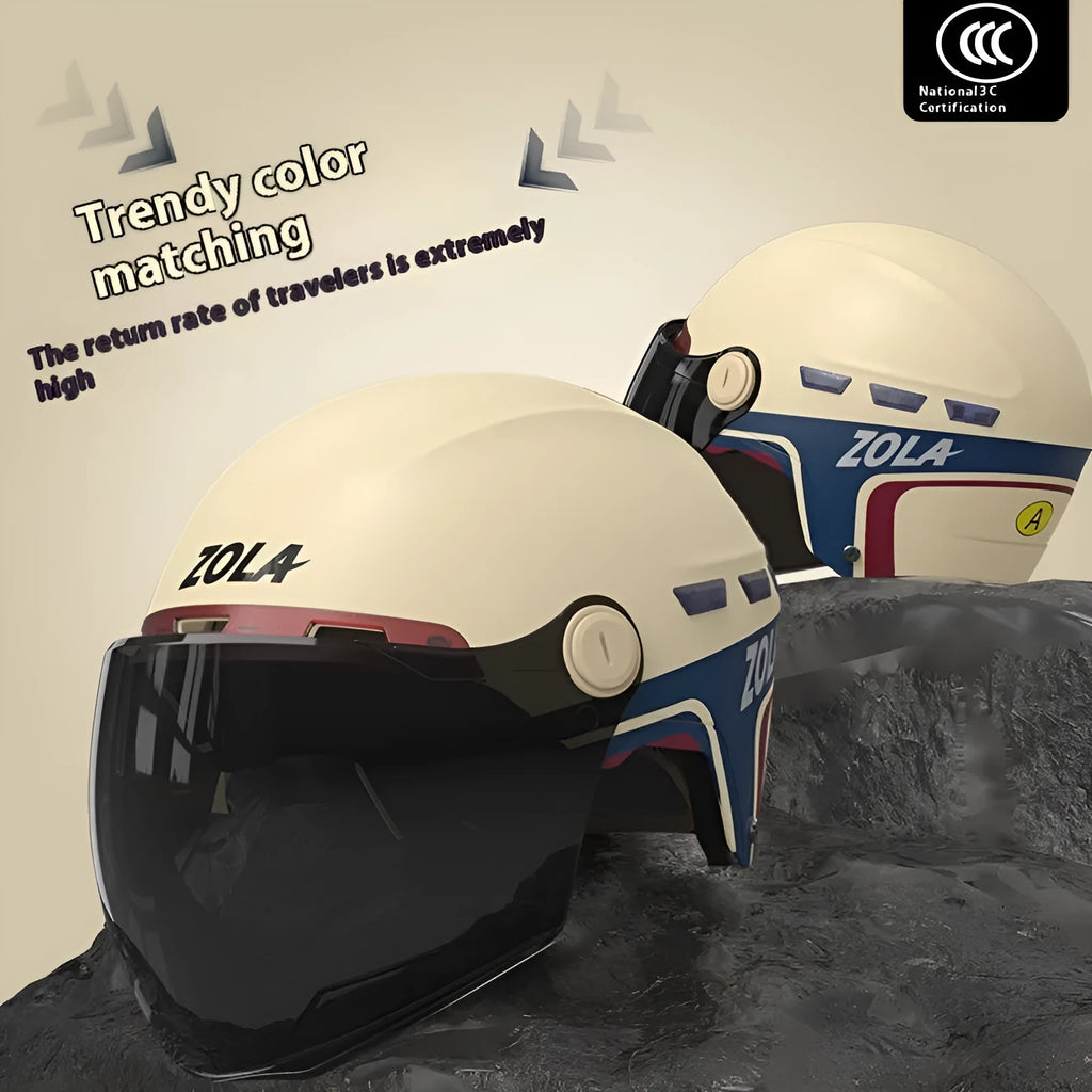 Electric car summer helmet in white, blue, khaki, black or pink with ABS shell, 3C certification and HD short mirror or sun glasses