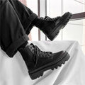 Black men's high-top platform boots with 8-hole design and a side zipper on frosted cowhide leather.