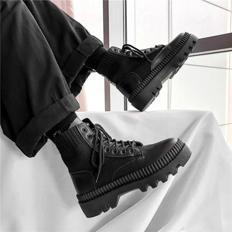 Black men's high-top platform boots with 8-hole design and a side zipper on frosted cowhide leather.