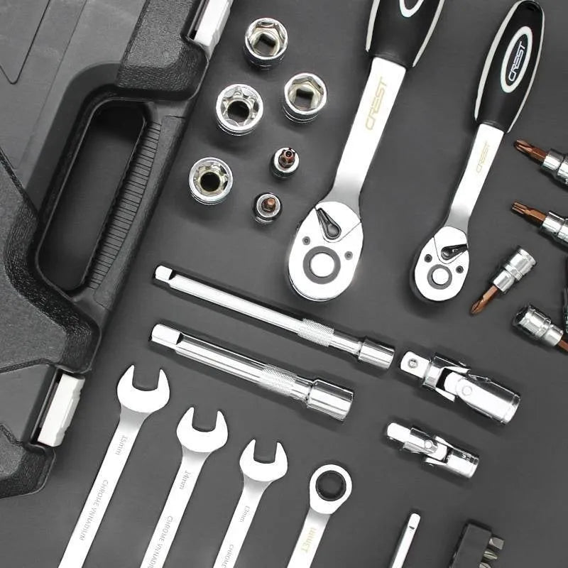 Auto repair multifunctional tool set with 150-piece flying socket wrenches, upgraded curved handle 72 teeth, black finish