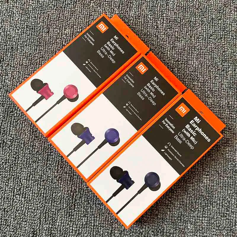 Piston-style in-ear wired headphones with 3.5mm jack in black, blue, and red colour options.