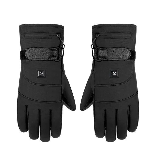Pair of black electric heated gloves with touchscreen fingertips and zipped battery pocket, 28 cm length.